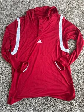 adidas Red Hooded Long Sleeve Athletic Top with White Panels